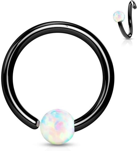 Covet Jewelry Black 316L Surgical Steel White Opal Ball Fixed On End Hoop Ring in Saudi Arabia