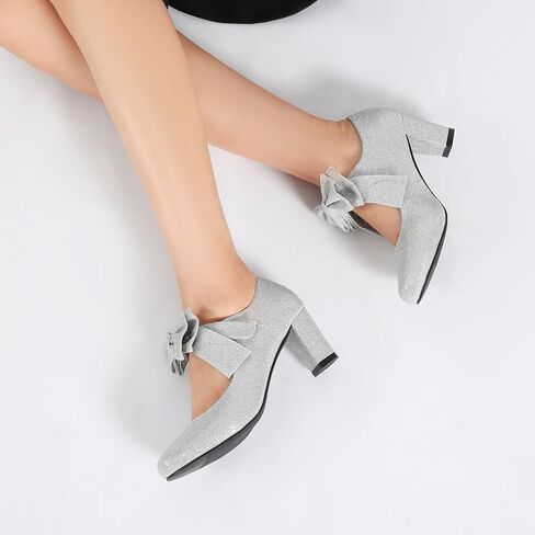 أعقاب القوس النسائية ماري جين بلوك مضخات كعب مكتنزة حول إصبع القدم مريح منخفض الكعب in Kuwait