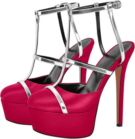 Women's Platform T Strap Closed Round Toe Stiletto High Heels Pumps in Saudi Arabia