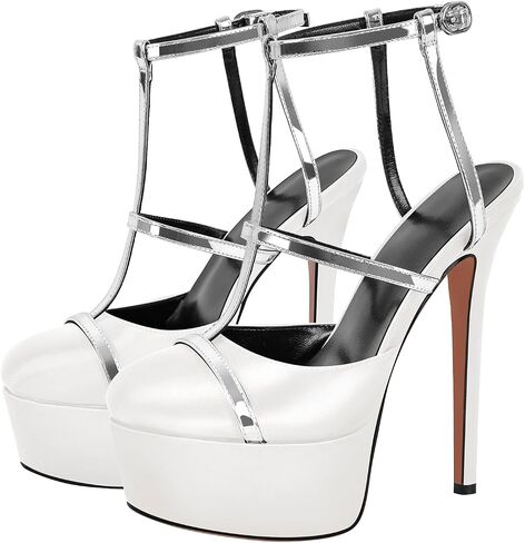 Women's Platform T Strap Closed Round Toe Stiletto High Heels Pumps in Saudi Arabia