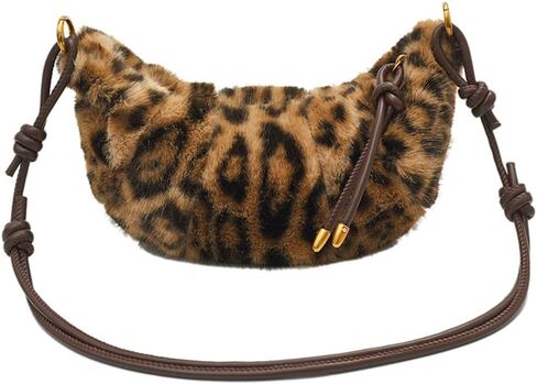 Leopard Fluffy Sling Dumpling Bag Cheetah Print Fuzzy Furry Shoulder Crossbody Crescent Bag Leopard Plush Horn Bag in Kuwait