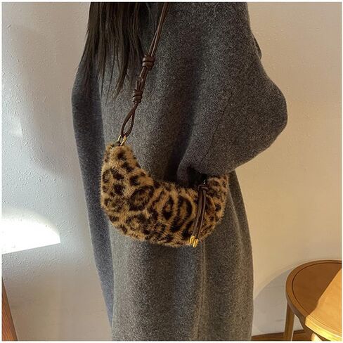 Leopard Fluffy Sling Dumpling Bag Cheetah Print Fuzzy Furry Shoulder Crossbody Crescent Bag Leopard Plush Horn Bag in Kuwait