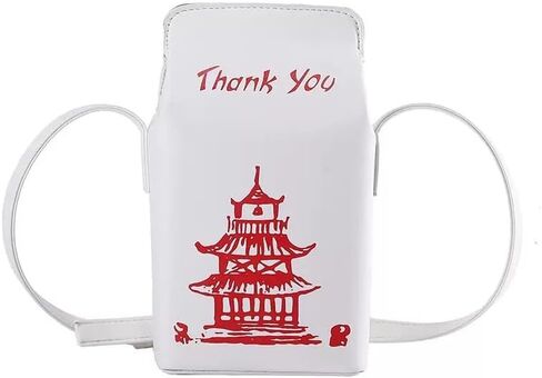 Chinese Pagoda Print Crossbody Bag, PU Leather Thank You Purse, Mini Takeout Box Style in Saudi Arabia