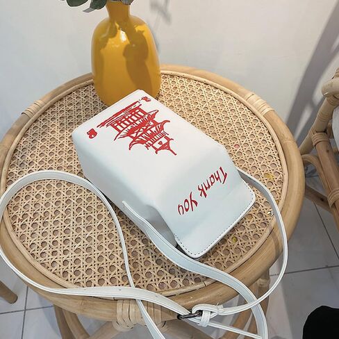 Chinese Pagoda Print Crossbody Bag, PU Leather Thank You Purse, Mini Takeout Box Style in Saudi Arabia