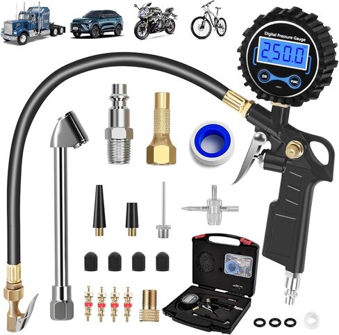 Digital Tire Pressure Gauge with Inflator, 250 PSI Heavy Duty Air Chuck Air Compressor Attachments, Improved Leaks Protection & Extended Hose Tire Gauge, 0.1 Display Resolution, with Carrying Case in Kuwait