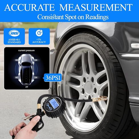 Digital Tire Pressure Gauge with Inflator, 250 PSI Heavy Duty Air Chuck Air Compressor Attachments, Improved Leaks Protection & Extended Hose Tire Gauge, 0.1 Display Resolution, with Carrying Case in Kuwait