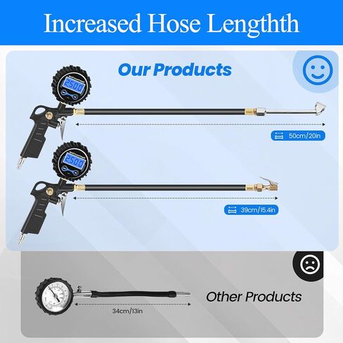 Digital Tire Pressure Gauge with Inflator, 250 PSI Heavy Duty Air Chuck Air Compressor Attachments, Improved Leaks Protection & Extended Hose Tire Gauge, 0.1 Display Resolution, with Carrying Case in Kuwait