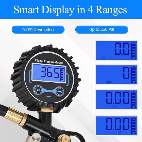 Digital Tire Pressure Gauge with Inflator, 250 PSI Heavy Duty Air Chuck Air Compressor Attachments, Improved Leaks Protection & Extended Hose Tire Gauge, 0.1 Display Resolution, with Carrying Case in Kuwait