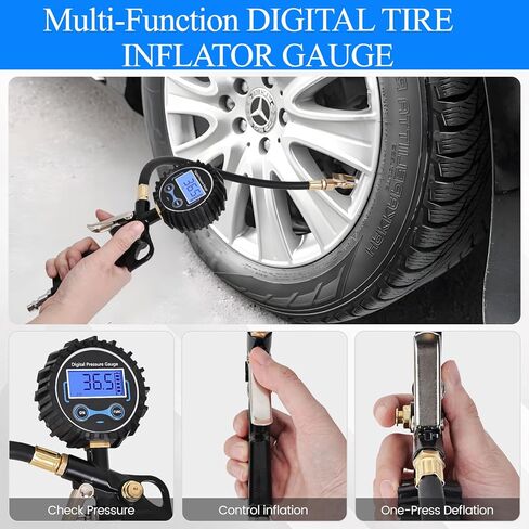 Digital Tire Pressure Gauge with Inflator, 250 PSI Heavy Duty Air Chuck Air Compressor Attachments, Improved Leaks Protection & Extended Hose Tire Gauge, 0.1 Display Resolution, with Carrying Case in Kuwait