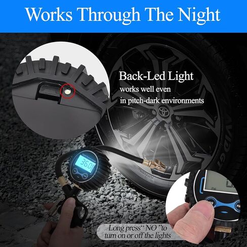 Digital Tire Pressure Gauge with Inflator, 250 PSI Heavy Duty Air Chuck Air Compressor Attachments, Improved Leaks Protection & Extended Hose Tire Gauge, 0.1 Display Resolution, with Carrying Case in Kuwait