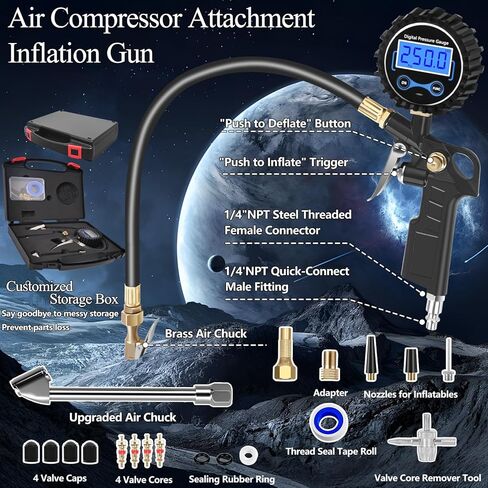 Digital Tire Pressure Gauge with Inflator, 250 PSI Heavy Duty Air Chuck Air Compressor Attachments, Improved Leaks Protection & Extended Hose Tire Gauge, 0.1 Display Resolution, with Carrying Case in Kuwait