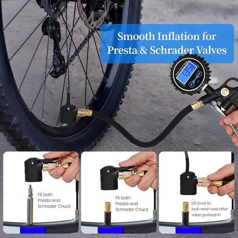 Digital Tire Pressure Gauge with Inflator, 250 PSI Heavy Duty Air Chuck Air Compressor Attachments, Improved Leaks Protection & Extended Hose Tire Gauge, 0.1 Display Resolution, with Carrying Case in Saudi Arabia