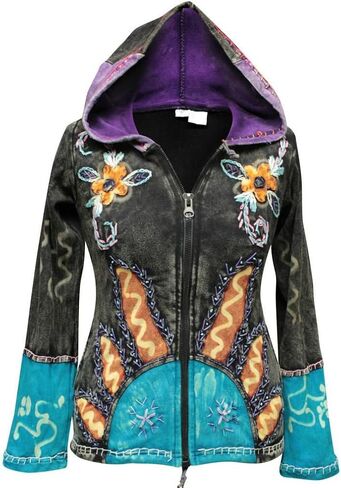Shopoholic Fashion Women Sun Flames Floral Hippie Goth Zip Up Hooded Winter Jacket in Kuwait
