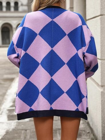 Sumleno Women Argyle Preppy Cardigan Sweaters Long Sleeve Button Open Front Oversized Knit Tops Fall Winter Y2k Outfits in Saudi Arabia