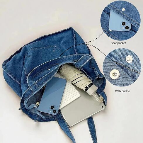Blue Jean المحافظ للنساء ، حقيبة الدنيم ذات السعة الكبيرة الناعمة ، إغلاق السوستة العلوي ، حقيبة يد خفيفة الوزن للعمل على شاطئ السفر in Saudi Arabia