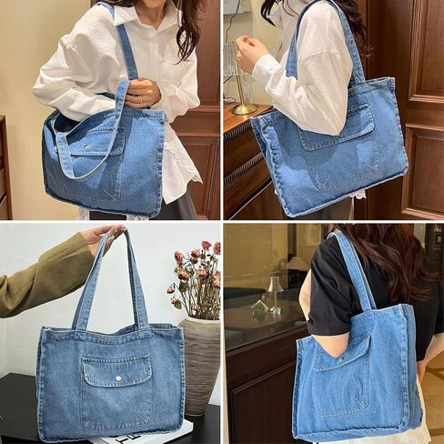 Blue Jean المحافظ للنساء ، حقيبة الدنيم ذات السعة الكبيرة الناعمة ، إغلاق السوستة العلوي ، حقيبة يد خفيفة الوزن للعمل على شاطئ السفر in Saudi Arabia