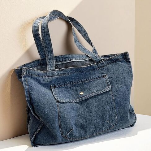 Blue Jean المحافظ للنساء ، حقيبة الدنيم ذات السعة الكبيرة الناعمة ، إغلاق السوستة العلوي ، حقيبة يد خفيفة الوزن للعمل على شاطئ السفر in Saudi Arabia