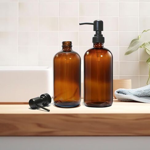 Amber Glass Soap Dispenser, 2 Pack Hand Soap Dispenser with Stainless Steel Pump for Bathroom and Kitchen, 16 oz, Premium Glass Pump Bottles in Saudi Arabia