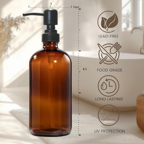 Amber Glass Soap Dispenser, 2 Pack Hand Soap Dispenser with Stainless Steel Pump for Bathroom and Kitchen, 16 oz, Premium Glass Pump Bottles in Saudi Arabia