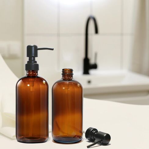 Amber Glass Soap Dispenser, 2 Pack Hand Soap Dispenser with Stainless Steel Pump for Bathroom and Kitchen, 16 oz, Premium Glass Pump Bottles in Saudi Arabia