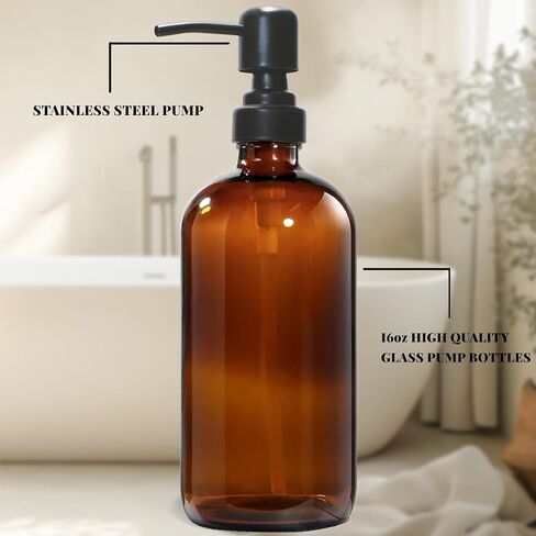 Amber Glass Soap Dispenser, 2 Pack Hand Soap Dispenser with Stainless Steel Pump for Bathroom and Kitchen, 16 oz, Premium Glass Pump Bottles in Saudi Arabia