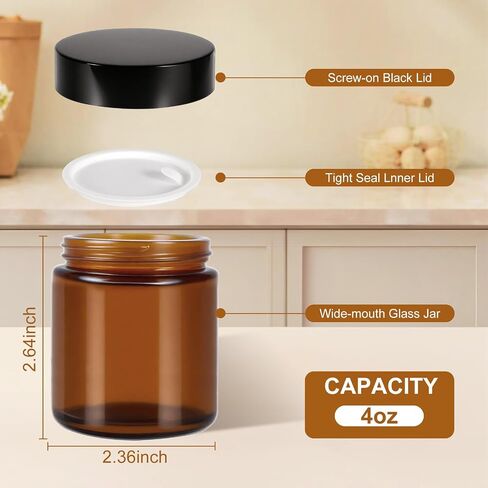 48 Pack 4oz Amber Glass Jars with Lids, Airtight Containers with Liners Lid for Cosmetics, Travel, Lotions Powder, Onitments Candle Making, DIY | Leak-Proof, Reusable (4OZ) in Saudi Arabia