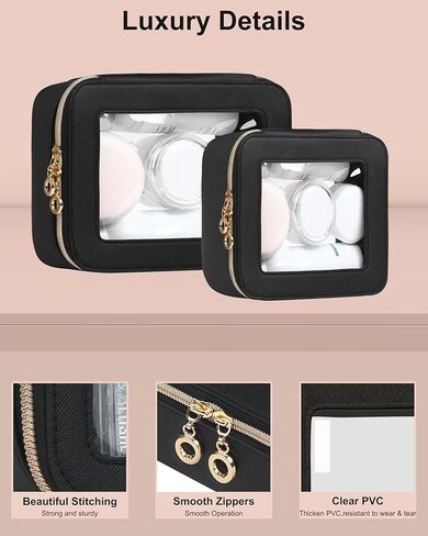 مجموعة أكياس مكياج صافية من الجلد - حقيبة مستحضرات التجميل الصافية مع سحاب ، أكياس أدوات الزينة المعتمدة من TSA الشفافة لإكسسوارات السيارات الأساسية للنساء (Pink ، S+M) in Kuwait