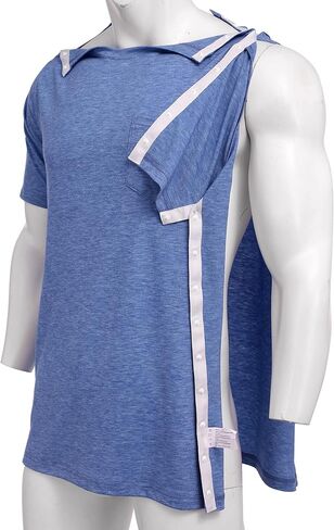 Deyeek Men's Post Shoulder Surgery Shirts Recovery Tear Away Short Sleeve Full Open Side Snap Adaptive Chemo Clothing in Kuwait