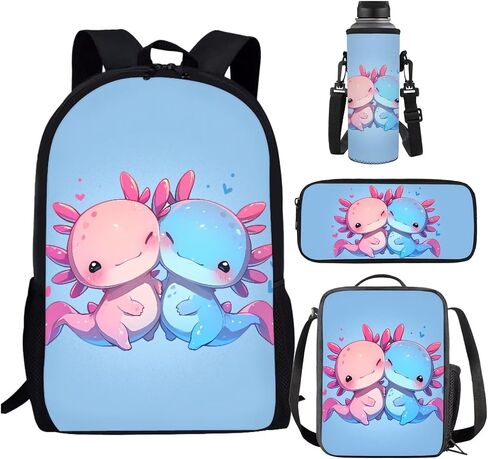 Kawaii Axolotl School Backpack for Girls 10-12 with Lunch Box Salamander Kids Bookbag Lunchbox Elementary Student Book Bag for Girls 8-10/6-8 Lunch Bag Pencil Case Water Bottle Holder Set in Kuwait