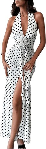 WDIRARA Women's Polka Dots Halter Dress High Split Deep V Neck Backless Bodycon Maxi 3D Flower Dresses in Saudi Arabia