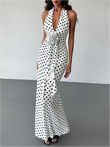 WDIRARA Women's Polka Dots Halter Dress High Split Deep V Neck Backless Bodycon Maxi 3D Flower Dresses in Saudi Arabia