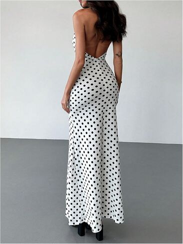 WDIRARA Women's Polka Dots Halter Dress High Split Deep V Neck Backless Bodycon Maxi 3D Flower Dresses in Saudi Arabia