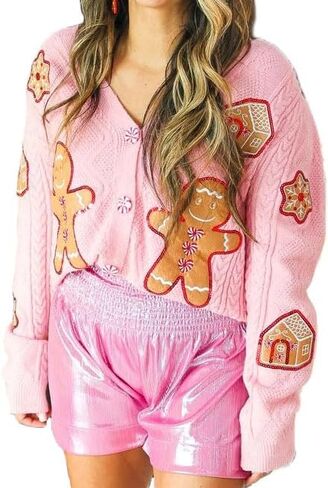 Christmas Sequin Cardigan for Women Funny Graphic Button Down Ugly Sweaters Cute Open Front Knitted Long Sleeve Top in Saudi Arabia