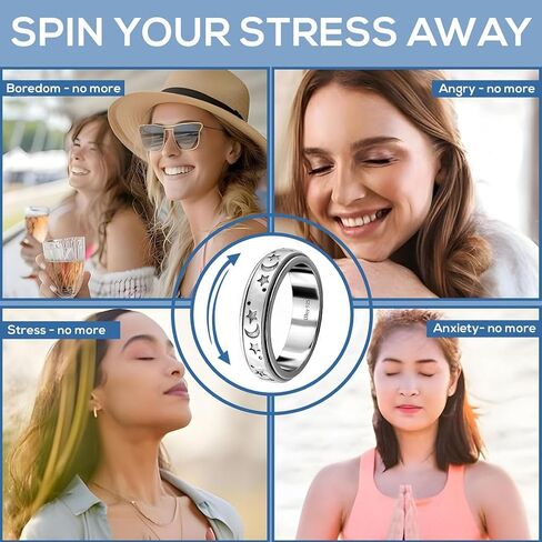 Anxiety Rings for Women 925 Sterling Silver Fidget Ring Spinner Ring Women Moon Star Platinum Plated Jewelry Stress Anxiety Relieving Promise Statement Wedding Band Birthday Gifts for Womens Men in Saudi Arabia
