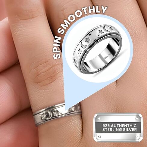 Anxiety Rings for Women 925 Sterling Silver Fidget Ring Spinner Ring Women Moon Star Platinum Plated Jewelry Stress Anxiety Relieving Promise Statement Wedding Band Birthday Gifts for Womens Men in Saudi Arabia