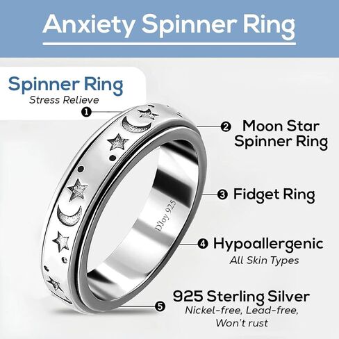 Anxiety Rings for Women 925 Sterling Silver Fidget Ring Spinner Ring Women Moon Star Platinum Plated Jewelry Stress Anxiety Relieving Promise Statement Wedding Band Birthday Gifts for Womens Men in Saudi Arabia