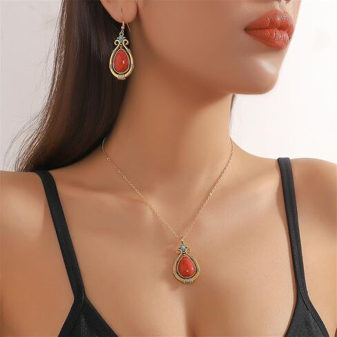 Handmade Teardrop Turquoise Earrings Necklace Set for Women Bohemia Tribal Antique Ethnic Style Earrings Delicate Teardrop Gemstone Dangle Drop Statement Earrings Western Jewelry in Saudi Arabia