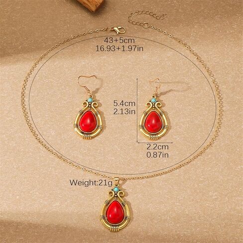 Handmade Teardrop Turquoise Earrings Necklace Set for Women Bohemia Tribal Antique Ethnic Style Earrings Delicate Teardrop Gemstone Dangle Drop Statement Earrings Western Jewelry in Saudi Arabia