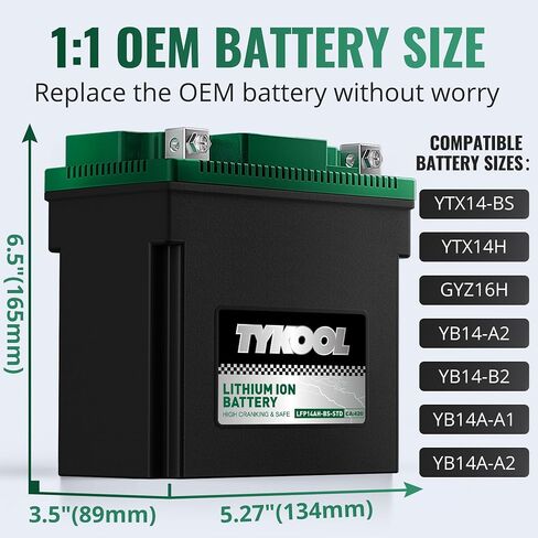 TYKOOL YTX14AH-BS-STD, LiFePO4 Lithium Motorcycle Battery,12.8V 7Ah,420CCA,5X Longer Life,Digital Readout, Powersports Battery,Fits for ATV, UTV, Scooter, Snow mobile,Polarity:[+ -] in Kuwait