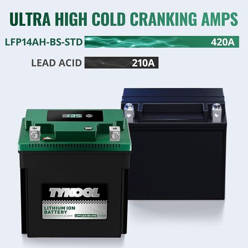 TYKOOL YTX14AH-BS-STD, LiFePO4 Lithium Motorcycle Battery,12.8V 7Ah,420CCA,5X Longer Life,Digital Readout, Powersports Battery,Fits for ATV, UTV, Scooter, Snow mobile,Polarity:[+ -] in Kuwait