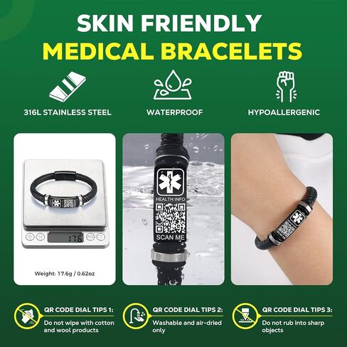 Upgraded Men's Medical Alert ID Bracelets - 7''-8'' Vintage Woven Leather Wristband With QR Code & Stainless Steel Buckle - More Space for Emergency Info in Kuwait