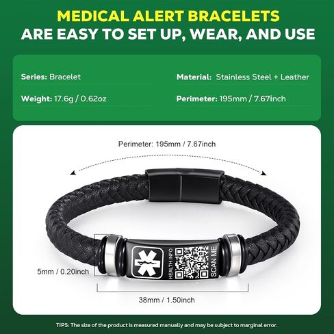 Upgraded Men's Medical Alert ID Bracelets - 7''-8'' Vintage Woven Leather Wristband With QR Code & Stainless Steel Buckle - More Space for Emergency Info in Kuwait