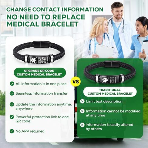 Upgraded Men's Medical Alert ID Bracelets - 7''-8'' Vintage Woven Leather Wristband With QR Code & Stainless Steel Buckle - More Space for Emergency Info in Kuwait