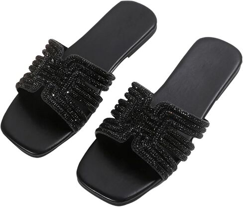 Verdusa Women's Glitter Rhinestone Sandals Summer Square Toe Slip on Flat Sandals in Saudi Arabia