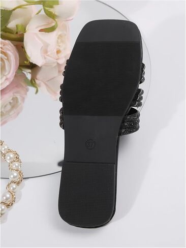 Verdusa Women's Glitter Rhinestone Sandals Summer Square Toe Slip on Flat Sandals in Saudi Arabia