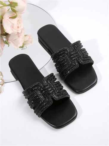Verdusa Women's Glitter Rhinestone Sandals Summer Square Toe Slip on Flat Sandals in Saudi Arabia
