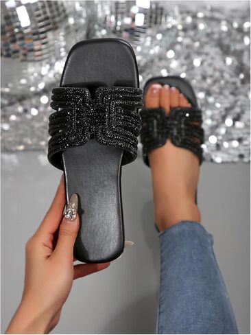 Verdusa Women's Glitter Rhinestone Sandals Summer Square Toe Slip on Flat Sandals in Saudi Arabia