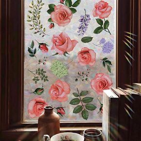 Flower Window Privacy Film,15.74" x 39.3" Rainbow Stained Glass Window Film Floral, Non Adhesive Window Cover Window Film for Home Door (Magnolia) in Saudi Arabia