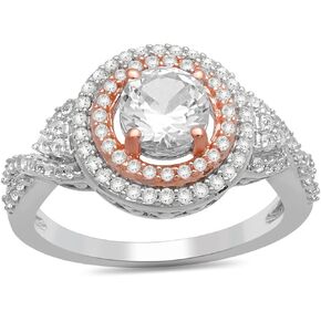 Jewelili 14k Rose Gold Plated Sterling Silver with 6 MM Centre Round Created White Sapphire Halo Ring, Size 7 in Kuwait