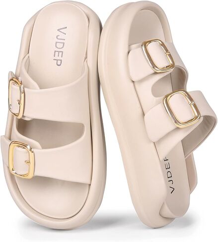 Women's Modern Minimalist Platform Sandals with Gold Buckle, Casual Slip On, Lightweight Foam Slides, Comfortable and Stylish Women's Two Strap Slide Flat Sandals in Creamy Shades in Kuwait